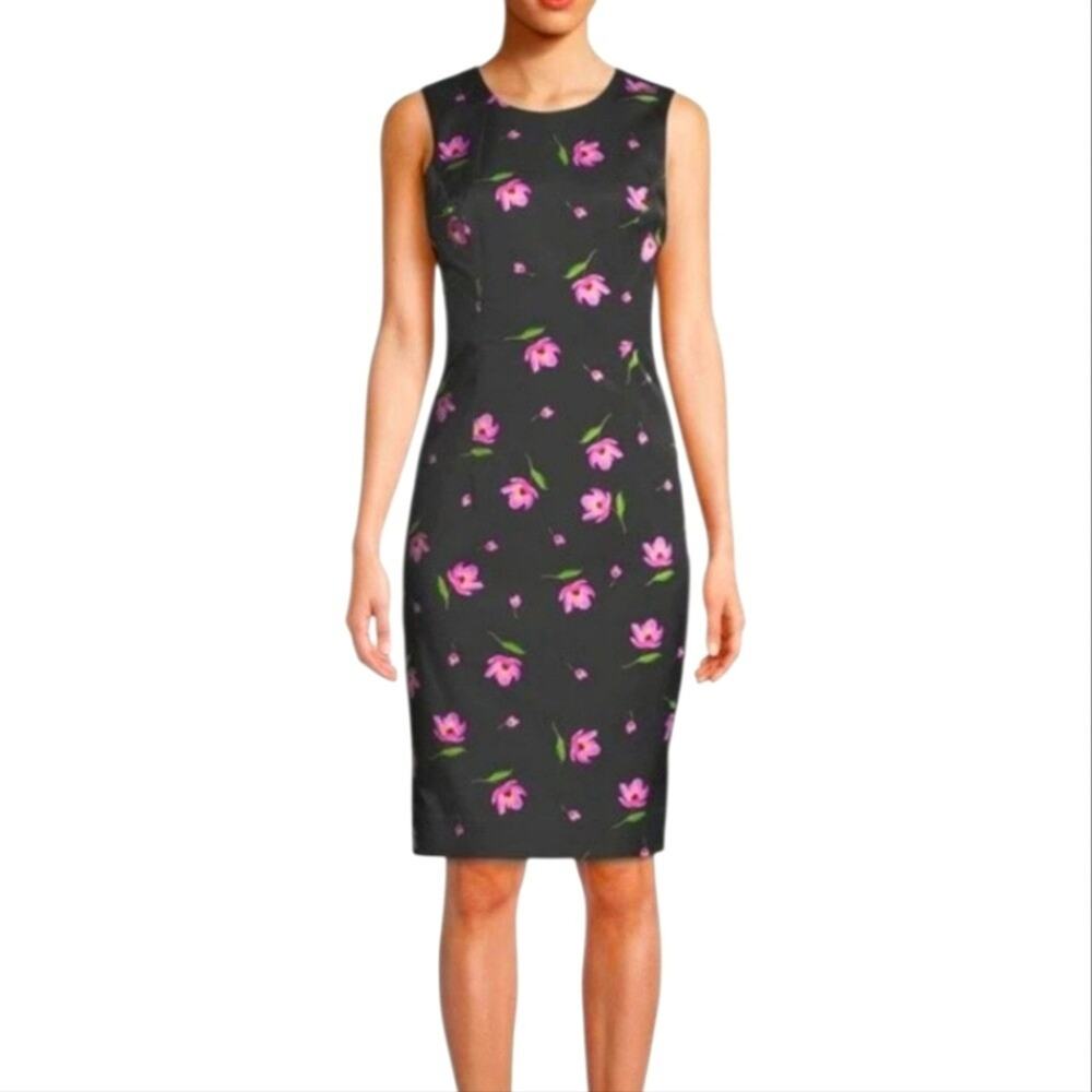 Milly Black Pink Tulip Floral Sheath Dress Sleeveless Cotton Blend Size 6 USA